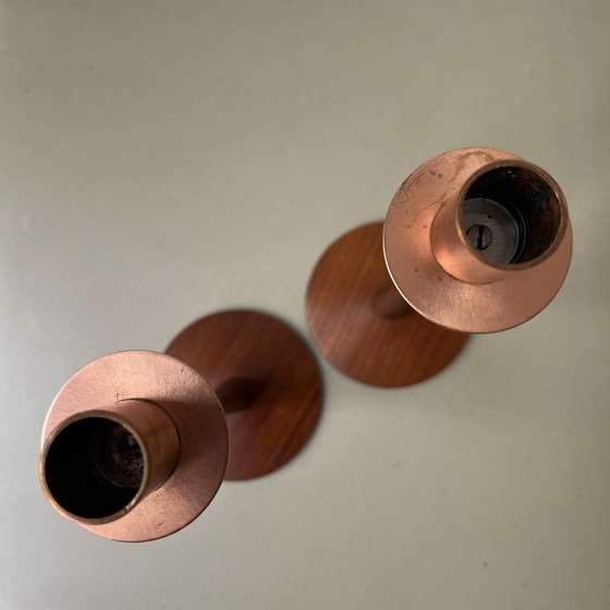 Image 1 of Pair of vintage Scandinavian teak and copper candlesticks, Sweden, 1960s