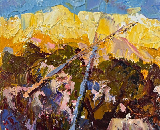 Image 1 of Pintura al óleo original Paisaje otoñal de pueblo Sombras del atardecer