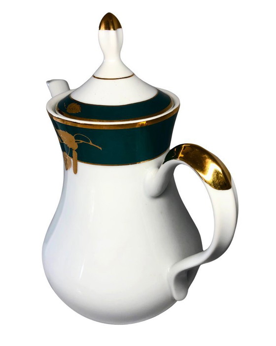 Image 1 of Juego moderno de tetera y lechera de porcelana Thun Carlsbad - Diseño en verde y hojas de oro