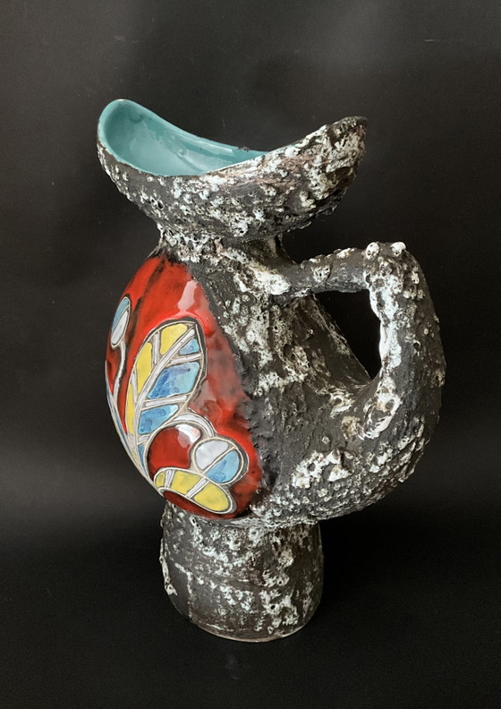 Image 1 of Large Signed Pugi Brutalist Ceramic Pitcher – Vallauris / Monaco – 1970s