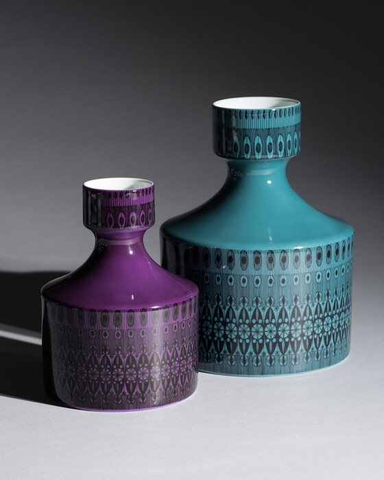Image 1 of Dúo de jarrones Rosenthal Studio-Line Turquesa Púrpura Diseño gráfico de Theo Baumann Raro