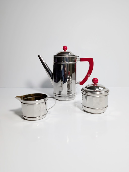 Juego de café Art Déco cromado, 30 piezas, jarra de baquelita, leche, azúcar, plata Bauhaus, 1930
