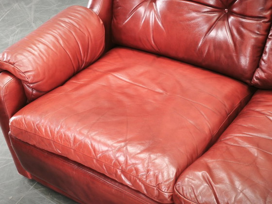 1970s Danish Modern Red Leather Two-Seater Sofa, Scandinavian Design, 2 seaters, Vintage (photo 7 of 15)