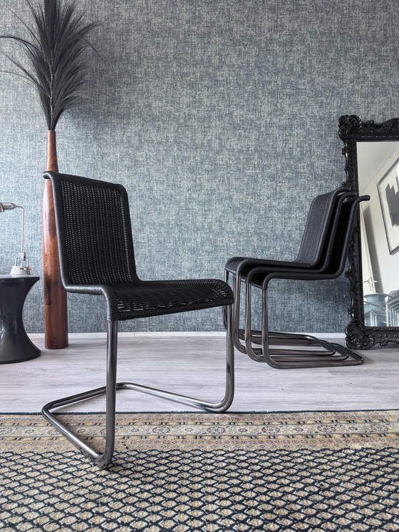 Image 1 of Set van 4 Tecta D20 sledestoelen - zwart wicker & parelchroom