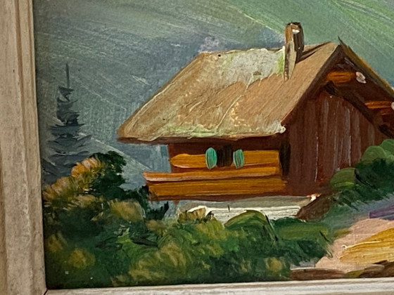 Image 1 of Dipinto ad olio d'epoca su pannello firmato CLAUDE SARGUE Paesaggio montano