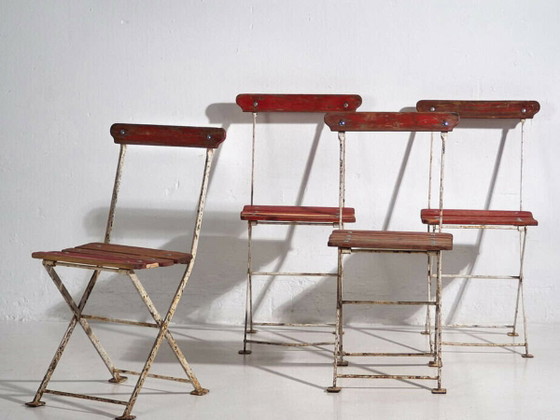Antique red garden folding chairs (c.1920). Set of 4 pieces – Garden chairs, Wood, Iron (photo 2 of 40)