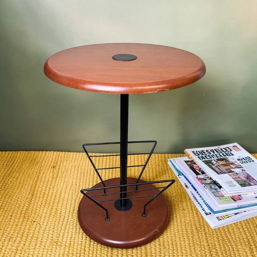 Portuguese Vintage Postmodern Style Functional Wooden Side Table With Magazine Rack