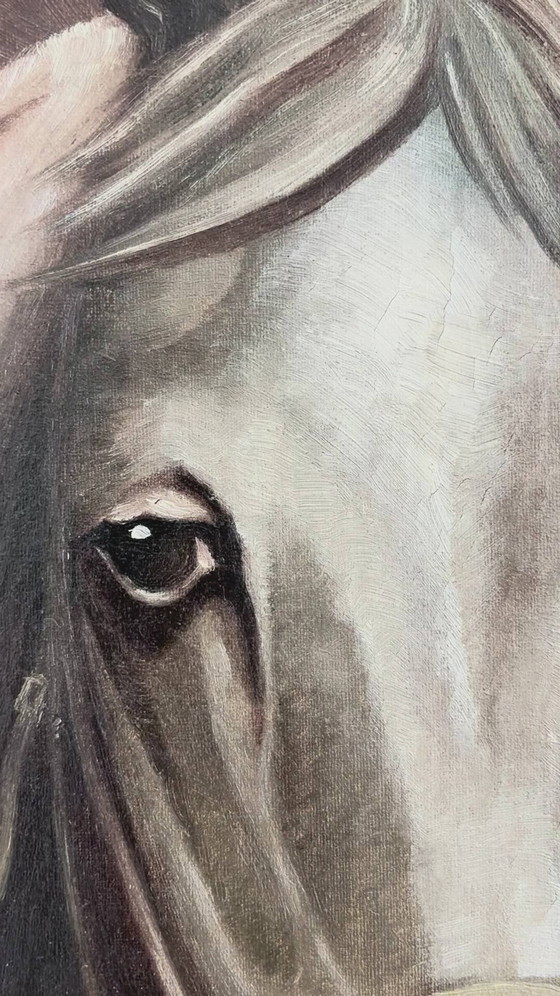 Origineel vintage olieverfschilderij van een wit paard, gesigneerd ruiterportret – Schilderijen & Tekeningen (photo 4 of 19)