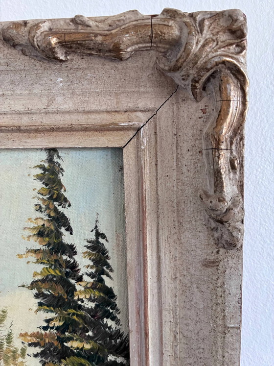 Image 1 of Peinture à l'huile originale vintage représentant un paysage de montagne et de rivière, encadrée