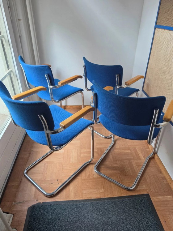 4 original Thonet S 43 armchairs by Mart Stam – Red I – Dining chairs, Chrome (photo 2 of 8)