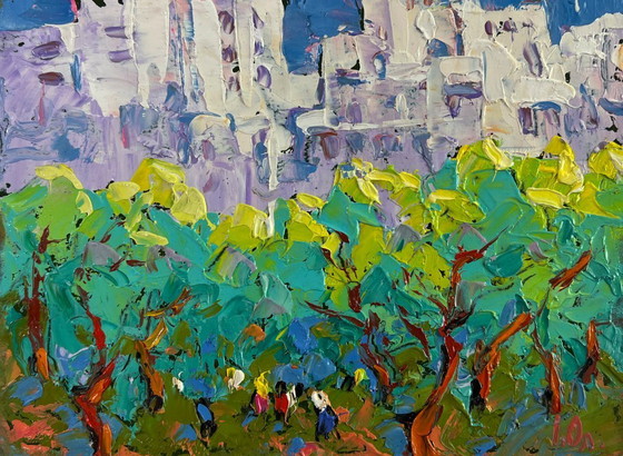 Image 1 of Original Oil Painting Day Houses Landscape Spring in the city