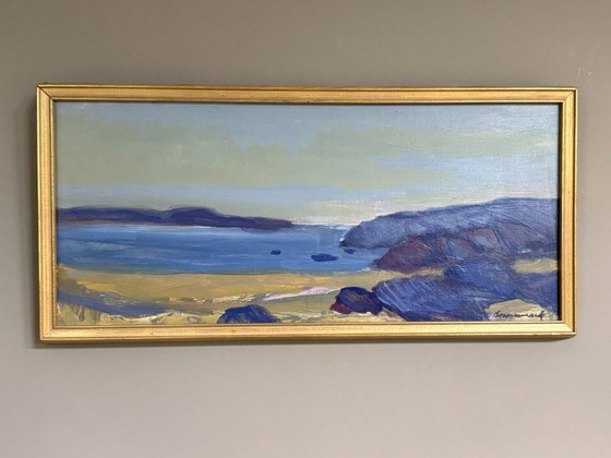 Image 1 of Scène côtière abstraite impressionniste « Côte à l'aube » par Uno Bornemark (né en 1907)