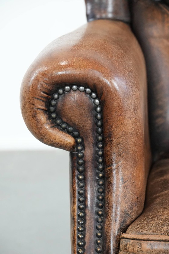 Image 1 of Unique large English-style sheepskin Chesterfield wing armchair