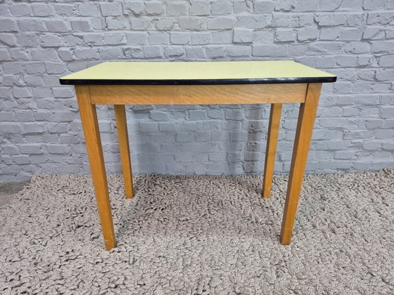 Image 1 of Vintage Design Wooden Kitchen Table with Lemon Yellow Formica Top – The Netherlands, 1950s