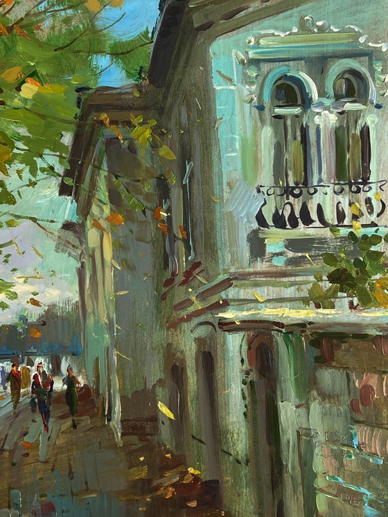 Image 1 of Peinture à l'huile originale représentant une rue de ville en journée