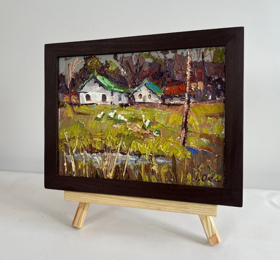 Image 1 of Original Oil Painting Summer Village Landscape Near the village lake