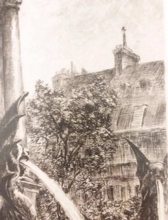 Originele ets van Aimé Edmond Dallemagne, Saint-Michel Fontein in Parijs – Litho's & Zeefdrukken, Paper (photo 7 of 10)