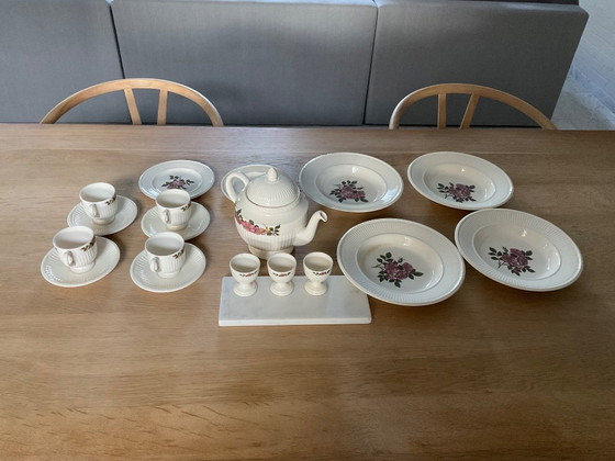 Image 1 of Wedgwood Biar Rose Teapot, espresso cups and egg cup