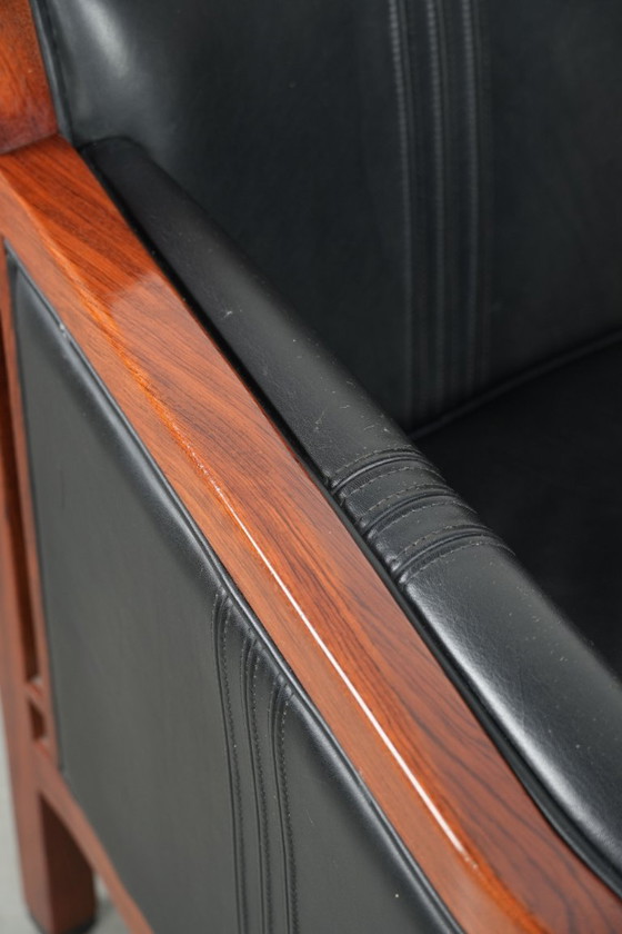 Image 1 of Fauteuil Art Déco en cuir noir et bois de la série Decoforma de Schuitema