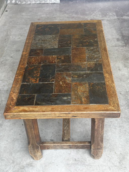 Eiken en leisteen salontafel – jaren 60-70