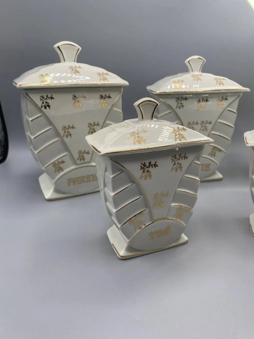 5 Art Deco Faience Spice Jars, Flour Sugar Coffee Tea Pepper, Gilded Decoration – servies (photo 2 of 6)