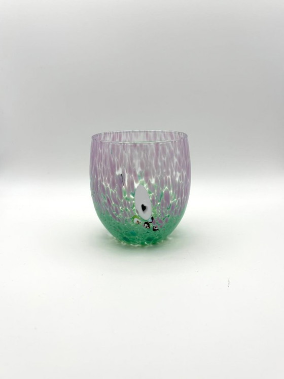 Image 1 of Set van 6 Venetiaanse glazen van geblazen glas met Murano-effect (murrine) in het glas verwerkt, handgemaakt in Italië.