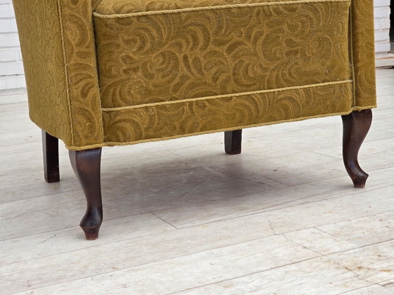 Image 1 of Fauteuil relax danois des années 1950, laine d'ameublement vert clair, bois de chêne.