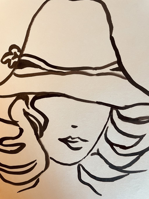 Tableau Signé Encre de Chine Gravure Mode Portrait Féminin "Chapeau" (Hat)