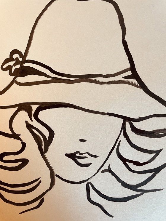 Image 1 of Retrato femenino de moda, "Sombrero", pintura firmada, grabado en tinta china