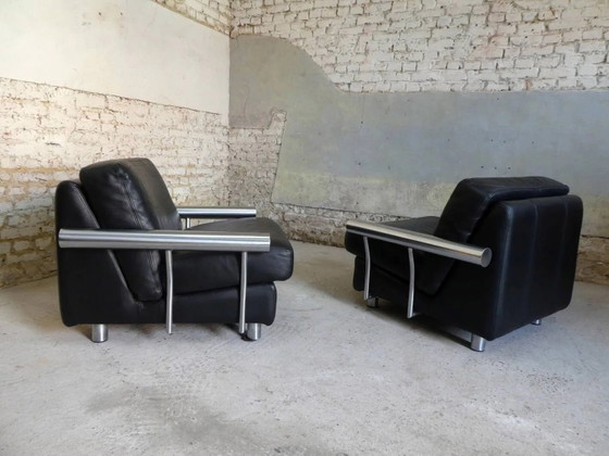 pair of armchairs, black leather & stainless steel, 1990 – Vintage (photo 10 of 14)