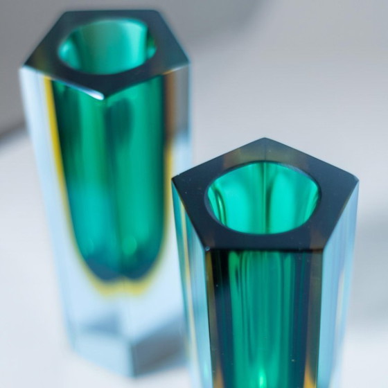 Image 1 of Flavio 2x Poli Murano Sommerso Vasen, Grün & Gelbes Glas, Zweier-Set
