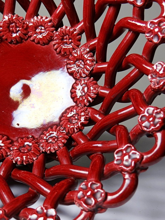 Image 1 of Piccola ciotola vintage Pichon Uzès in ceramica traforata rossa intrecciata, anni '70-'90.