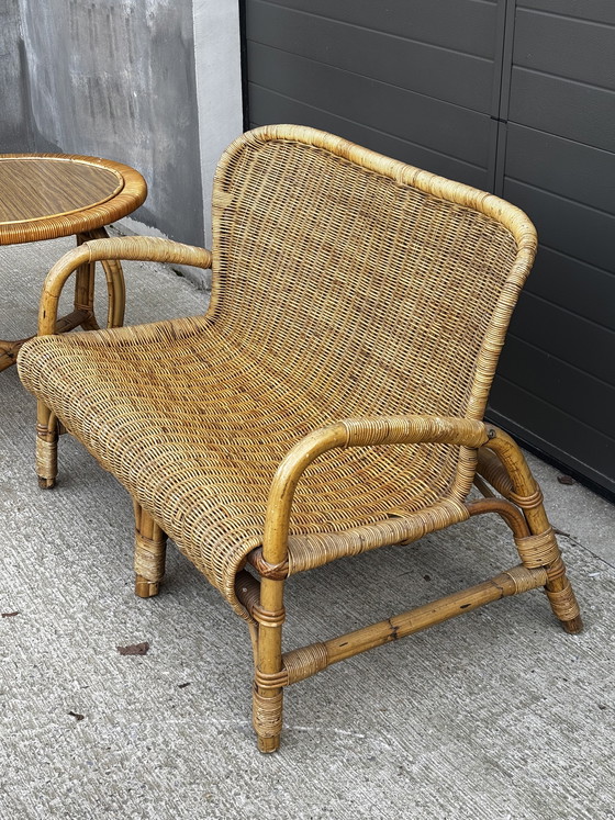 Image 1 of Vintage rotan tuinset – bank, 2 fauteuils en salontafel (jaren 70) 