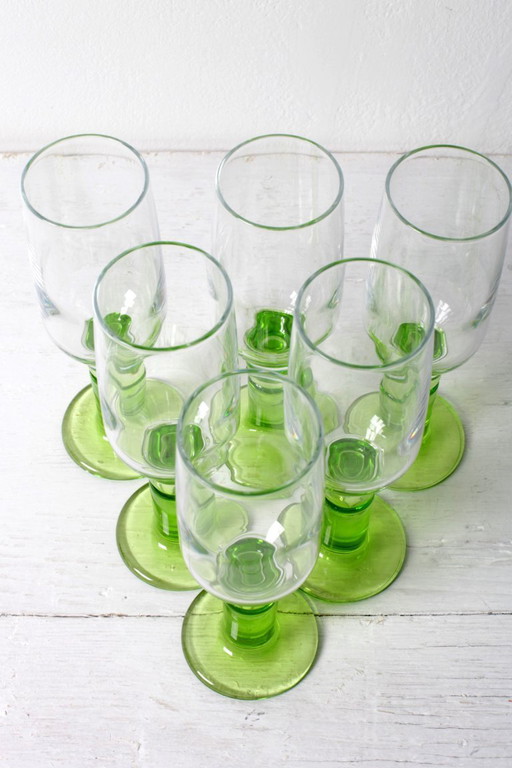 Set of 6 Vintage Limoncino Sherry Glasses / Green Sorbetto Stemware / Bormioli Rocco / Italy / 1970s