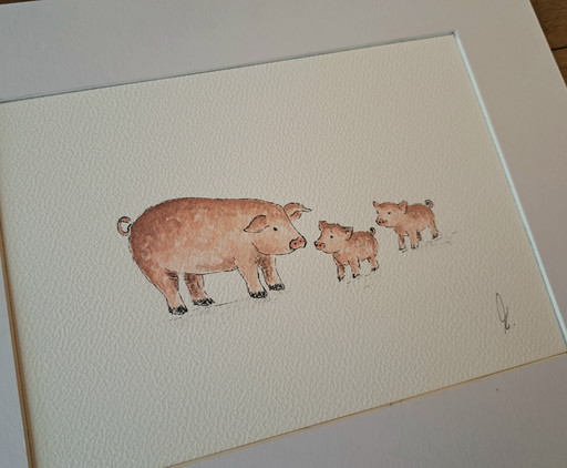 Aquarel schilderij Varkentjes origineel in lijst