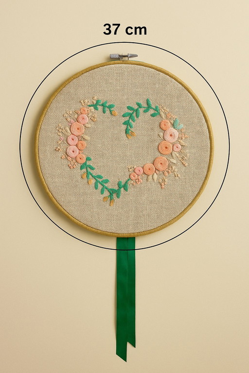 Boho Floral Embroidery Wall Art – Heart Wreath Design – 37cm