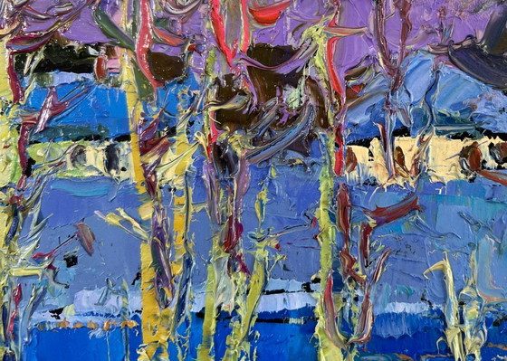 Image 1 of Original Oil Painting Night Village Landscape The first breath of spring