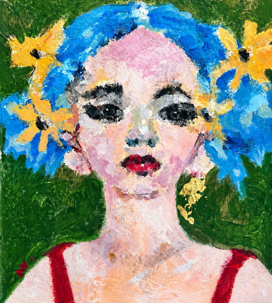 Blue Girl, acryl op canvas – Anne Verhaart, Schilderijen & Tekeningen, Gold (photo 3 of 5)