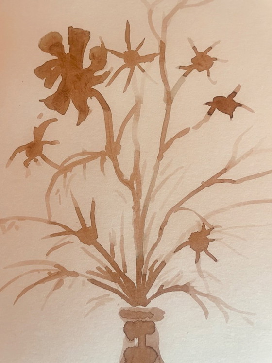 Image 1 of Signed painting, still life "dried flowers", monochrome watercolor