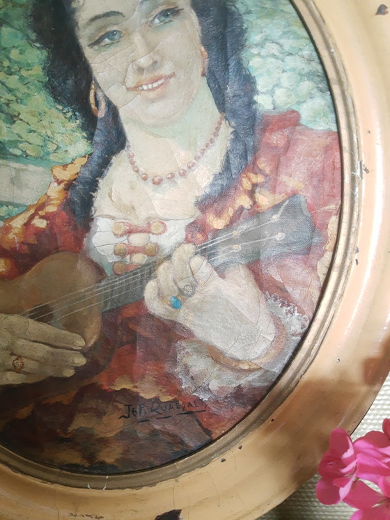 Wunderschönes antikes Gemälde im böhmischen Stil, das einen Musiker beim Gitarrespielen zeigt, in einem (photo 9 of 12)