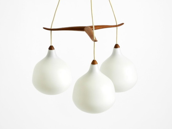 Image 1 of Beautiful pendant lamp with three opal glass shades and a teak frame by Uno & Östen Kristiansson for Luxus Vittsjö, Sweden 1957