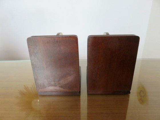 Image 1 of Pair of wooden "globe" bookends, 1970