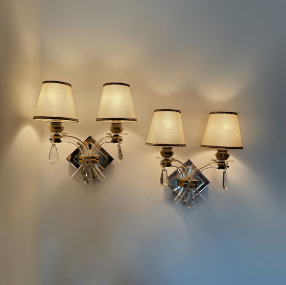 Image 1 of Art Deco crystal and brass mirror wall lights