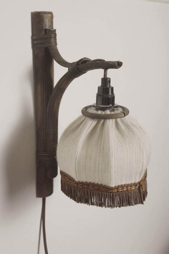Dutch Vintage Bamboo Wall Sconce with Brown Fringed Fabric Shade – Wall lights, Textile (photo 6 of 10)
