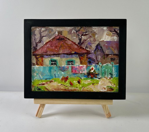 Original Oil Painting Autumn Village Landscape Yard in Sunset Light