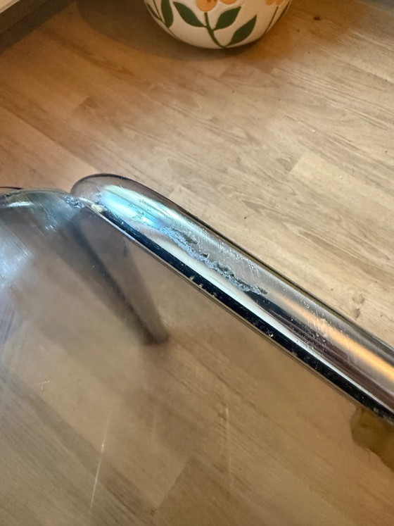 Image 1 of Chromen salontafel met glazen blad, vintage chroom. Breedte: 60 cm / Lengte: 120 cm / Hoogte: 45 cm