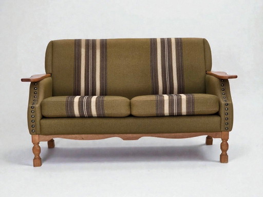 1970s, Danish 2-seater sofa, green furniture wool, oak wood.