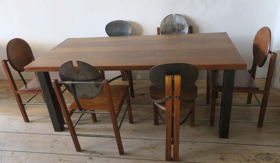 Image 1 of Tavolo da pranzo brutalista in teak e acciaio patinato di metà secolo, anni '60