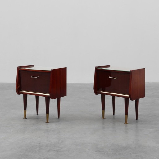 Coppia di comodini vintage in legno impiallacciato, Belgio 1950