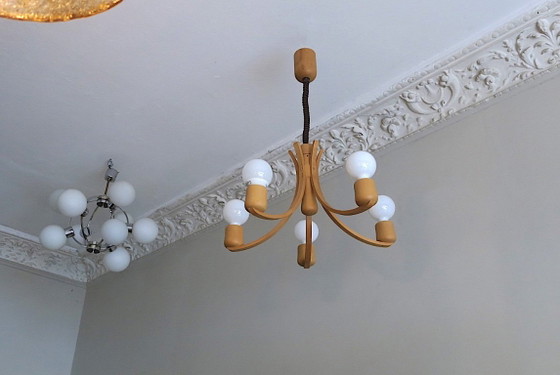 Domus Variable Height Chandelier with Five-Arms Denmark 1970s – Wood (photo 4 of 6)
